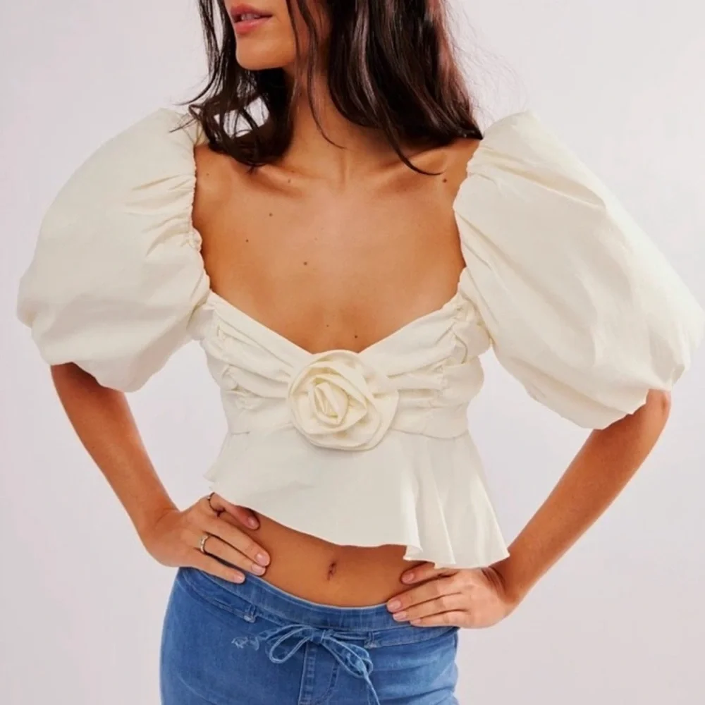 NEW For Love & Lemons Judith Crop Blouse Cream Rosette - Picture 2 of 5
